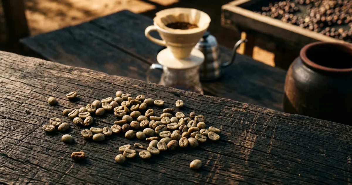 Grãos de Topázio fermentado espalhados sobre madeira escura com um V60 de vidro ao fundo