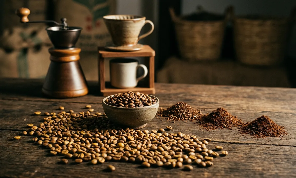 Grãos de Bourbon Amarelo do Cerrado sobre madeira escura com três montinhos de moagem diferente e um V60 ao fundo