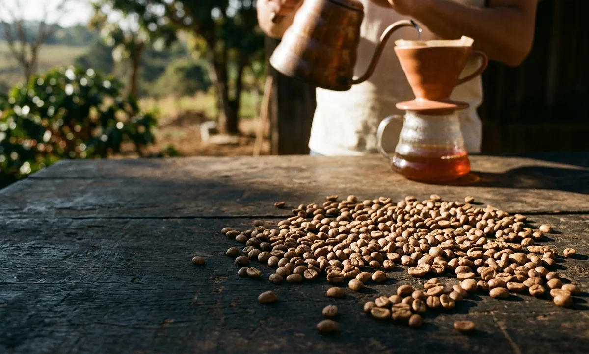 Grãos de Obatã Vermelho espalhados sobre madeira escura com um coador Kalita Wave e uma rodela de laranja ao fundo