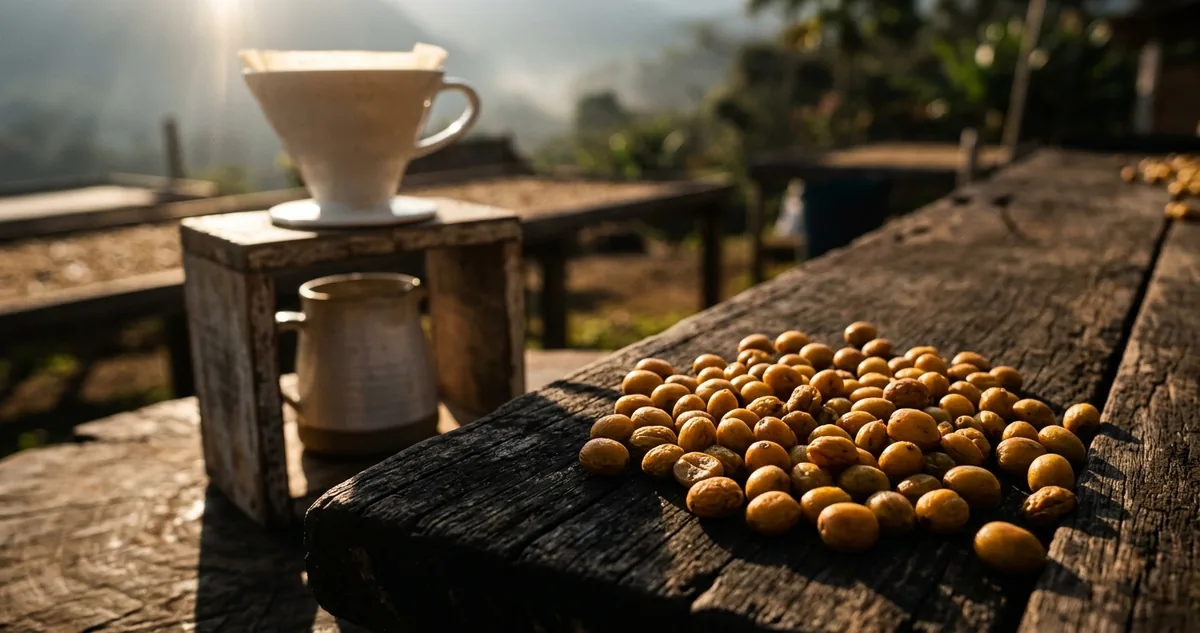 Grãos de Yellow Catucaí dourados sobre madeira escura com cerejas secas inteiras e um V60 ao fundo