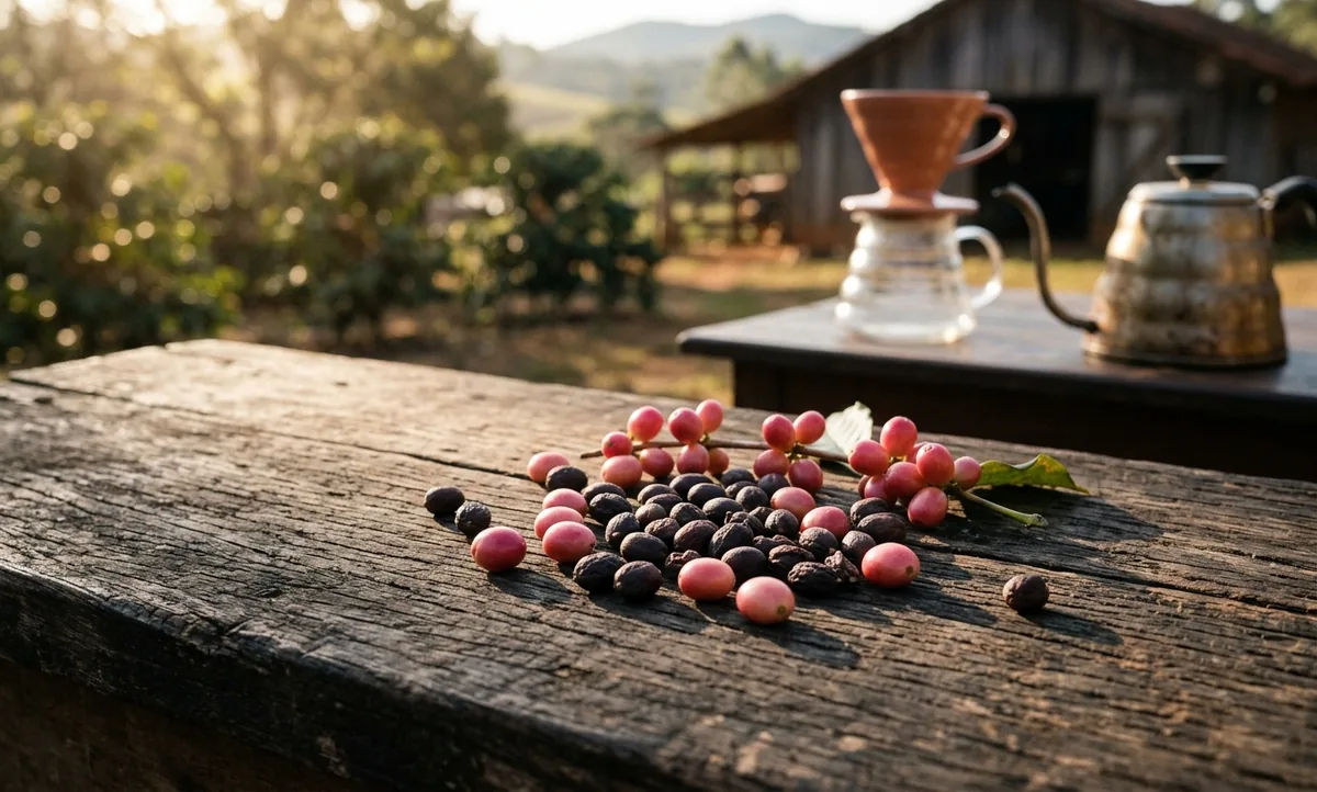 Grãos de Bourbon Rosa da Alta Mogiana com tom rosado sobre madeira escura e um V60 ao fundo