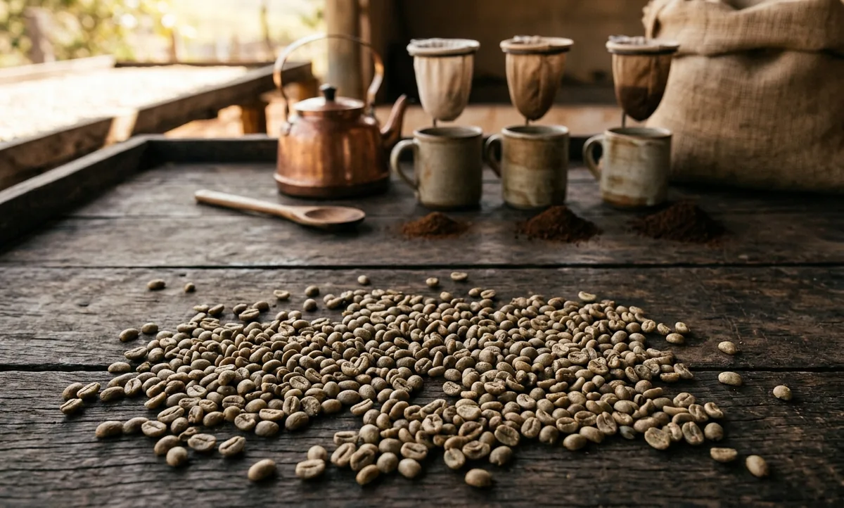 Grãos de Mundo Novo do Cerrado sobre madeira escura com um coador V60 e a água ao fundo