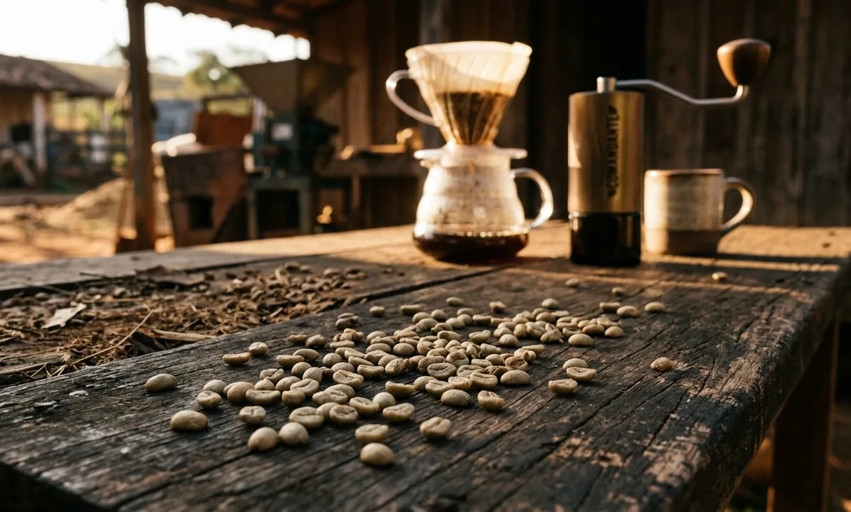 Grãos de SL28 lavado sobre madeira escura com groselhas, uma fatia de limão siciliano e um V60 em foco suave ao fundo