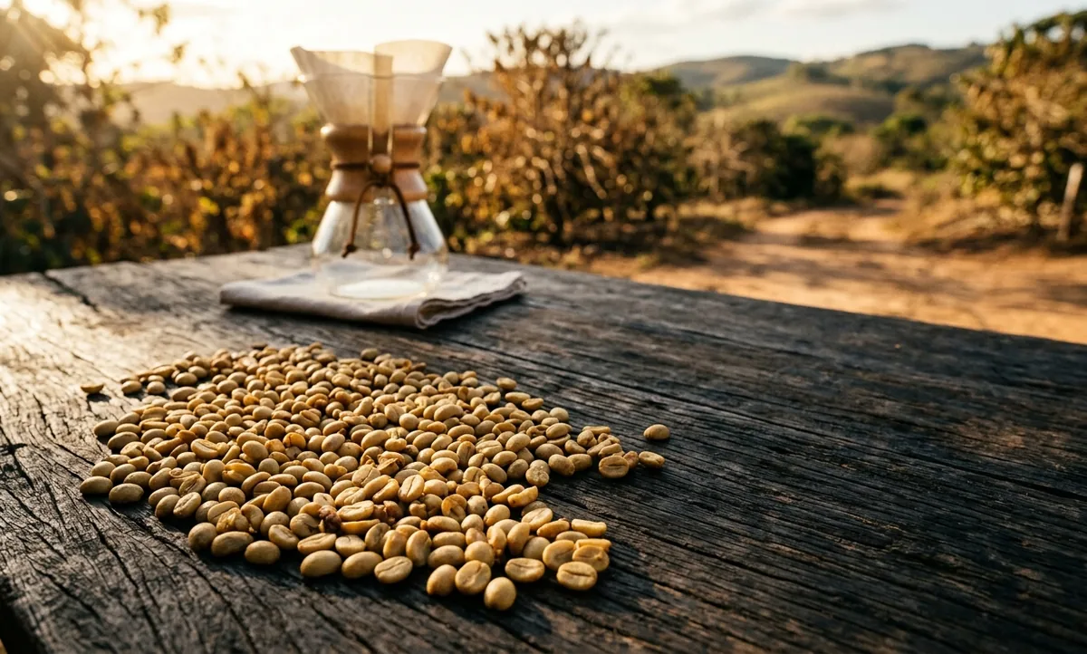 Grãos de Catuaí Amarelo do Planalto baiano sobre madeira escura, com brilho de processo honey, e uma Chemex ao fundo em foco suave