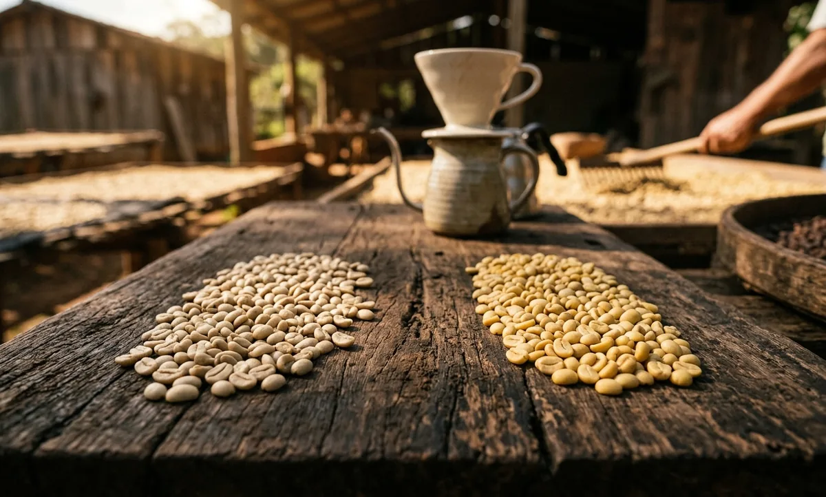 Dois montes de grãos lado a lado sobre madeira escura, Mundo Novo e Bourbon, com um coador V60 ao fundo