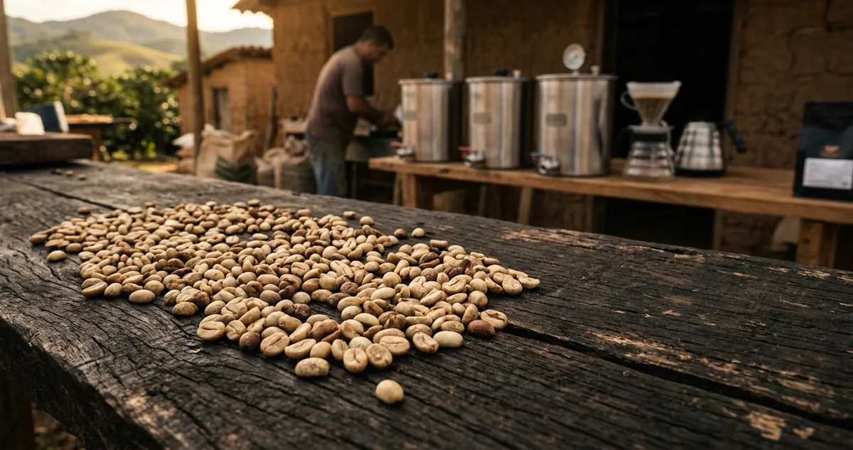 Cerejas vermelhas inteiras de café brilhando sobre madeira escura, com um tanque de fermentação ao fundo e uma AeroPress invertida