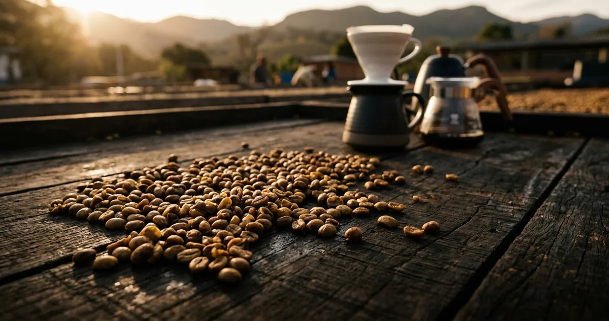 Grãos de Acaia descascado com brilho de mel sobre madeira escura, terreiro suspenso ao fundo e um coador Kalita Wave ao lado