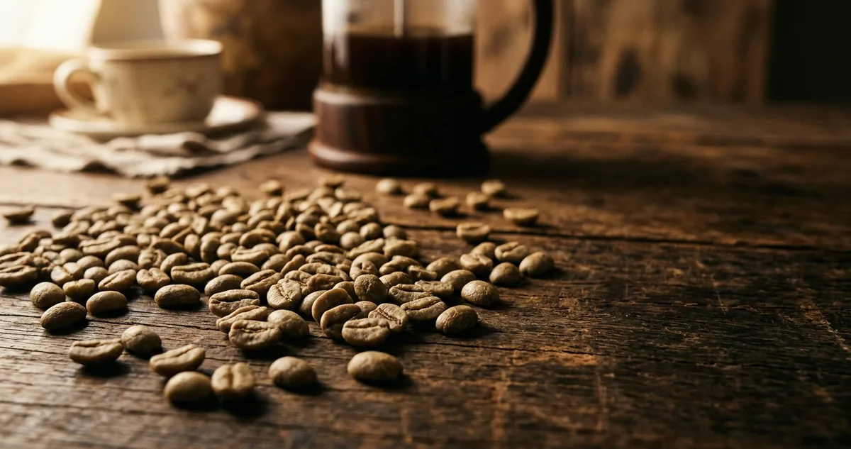 Grãos gigantes de Pacamara sobre madeira escura, um deles entre os dedos para mostrar o tamanho, colinas de café ao fundo e um coador Kalita Wave ao lado