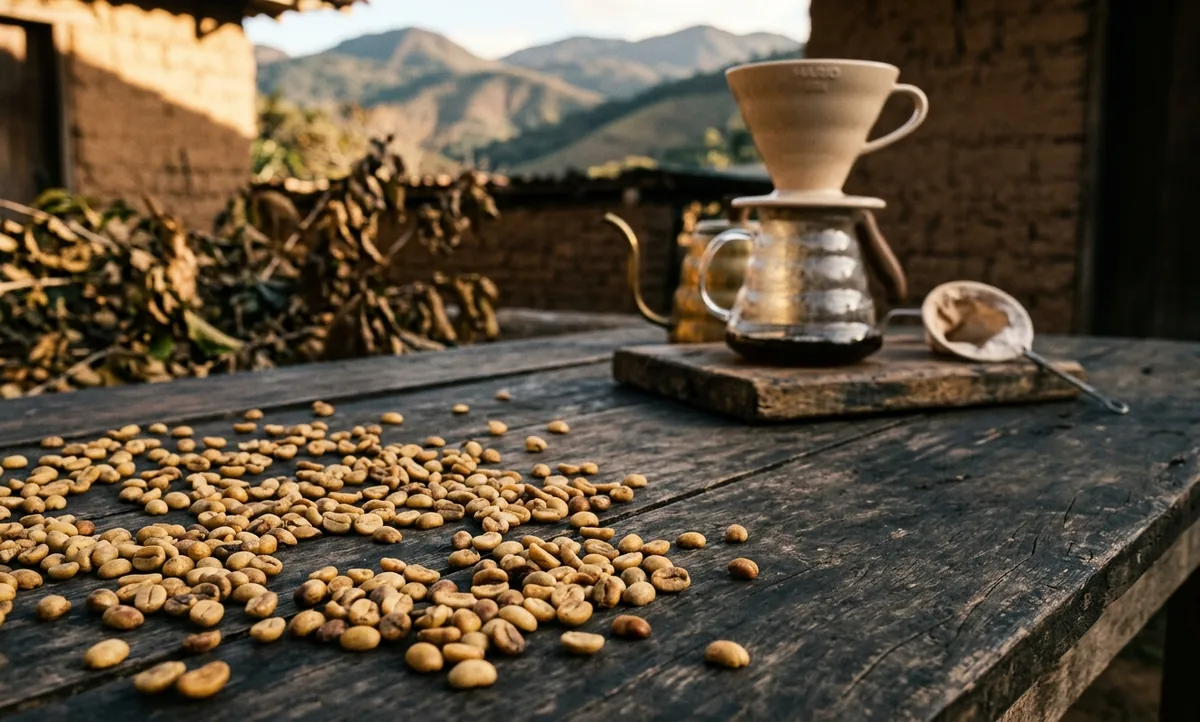 Pé de Caturra carregado de cerejas vermelhas na encosta, com um V60 coando café e as montanhas do Caparaó desfocadas ao fundo
