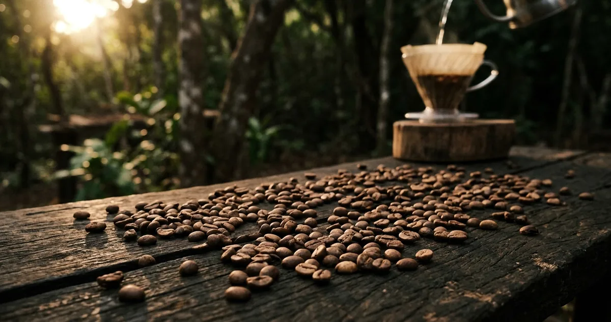 Cerejas maduras de café arábica sob a sombra da mata atlântica no Maciço de Baturité, com prensa francesa e xícara sobre mesa de madeira