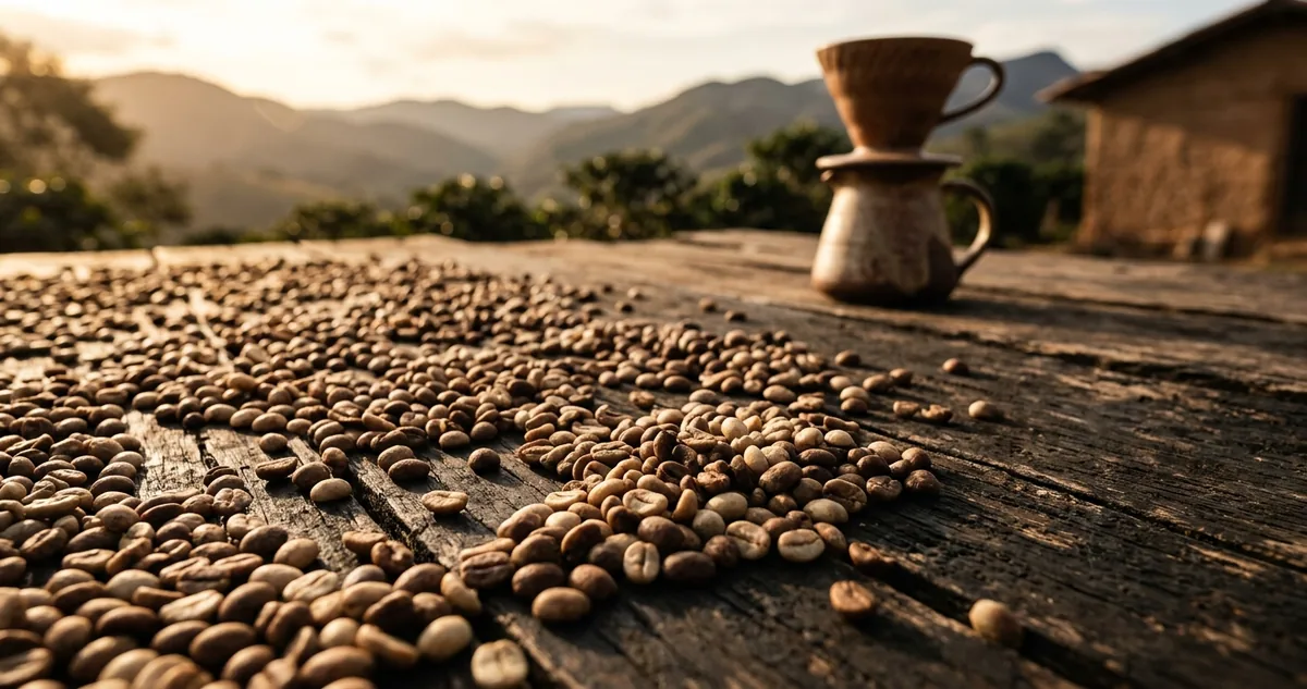 Cerejas maduras de café arábica em ramo de altitude na Chapada Diamantina, com coador V60 e xícara sobre mesa de madeira ao sol do sertão
