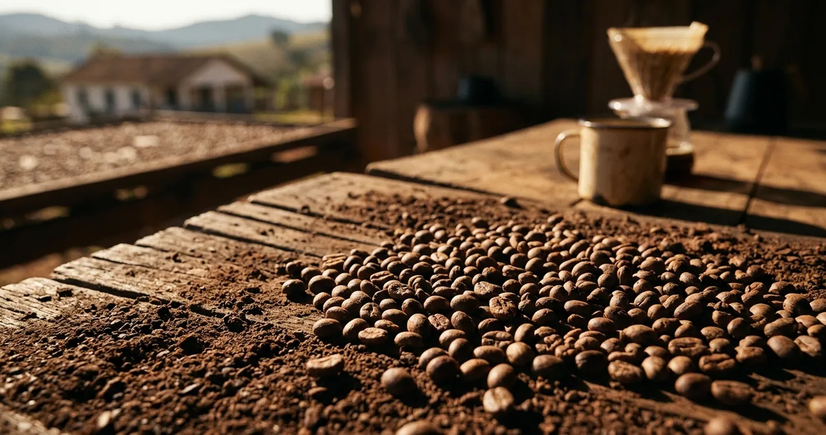 Cerejas vermelhas de Catuaí em colina de terra roxa da Alta Mogiana paulista, com coador de porcelana, filtro de papel, xícara, chocolate amargo e nozes sobre mesa de madeira