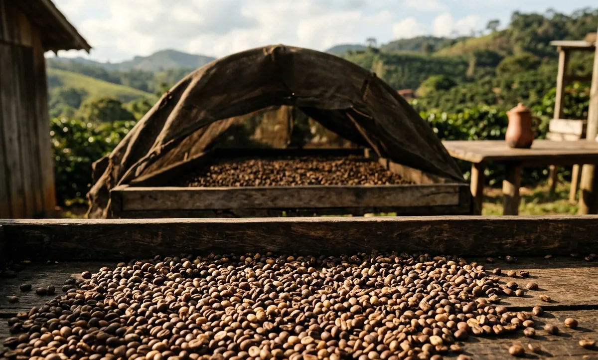 Cerejas de conilon em cacho denso de fazenda familiar capixaba, terreiro suspenso com capuz ao fundo, coador de porcelana, filtro de papel, xícara, chocolate ao leite e castanhas sobre mesa de madeira