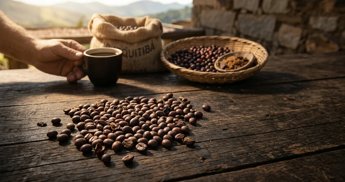 Cerejas de Catuaí Vermelho em cacho denso de sítio familiar no Alto Jequitibá, terreiro de processo natural ao fundo, coador de porcelana, filtro de papel, xícara, rapadura e castanhas sobre mesa de madeira