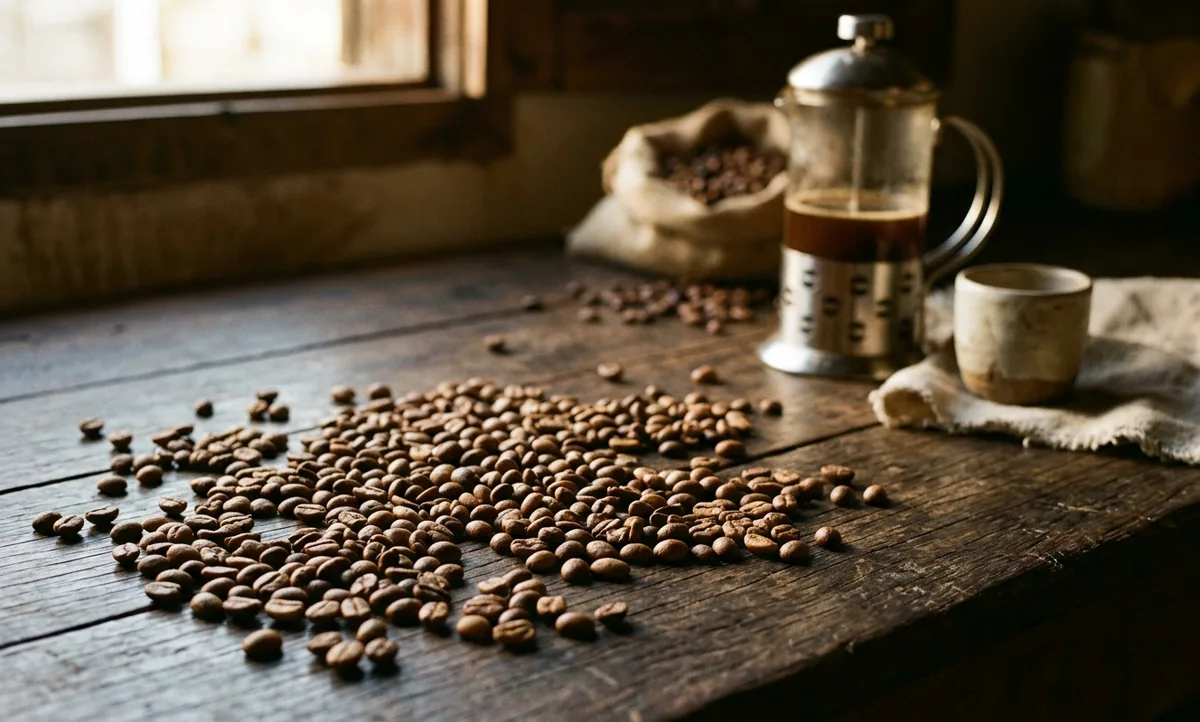 Cerejas maduras de Aramosa em cacho no cerrado dos Chapadões de Goiás, terreiro de secagem ao sol ao fundo, prensa francesa com café escuro, rapadura e castanhas-de-caju sobre mesa de madeira