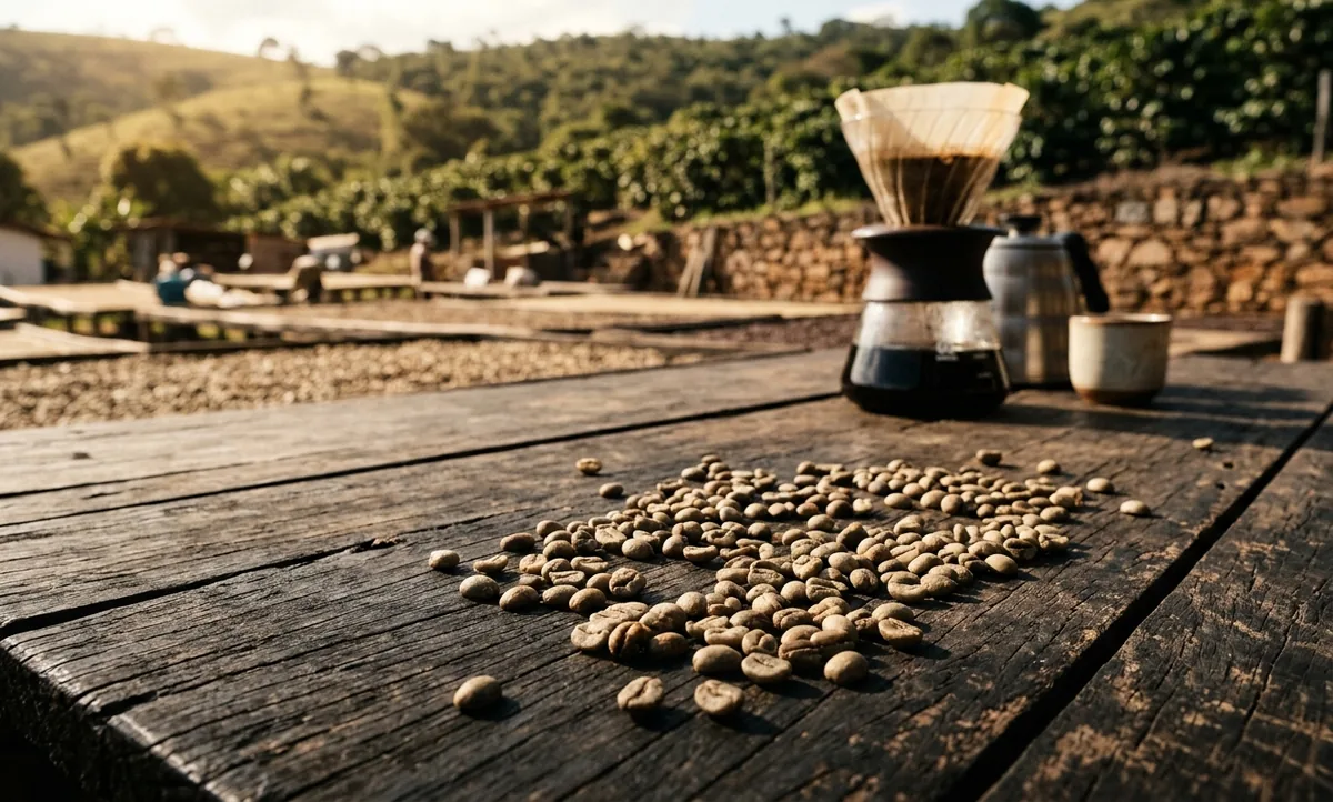 Cerejas maduras de Catiguá MG2 em cacho no Cerrado da Serra do Salitre, terreiro de secagem ao sol ao fundo, Hario Switch com café escuro, chocolate ao leite e amendoim torrado sobre mesa de madeira