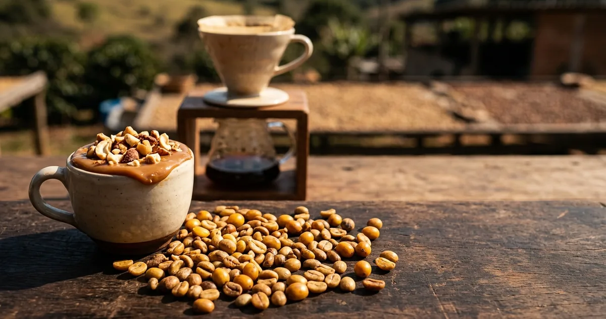 Cerejas maduras de Catucaí Amarelo em cacho num quintal de lavoura familiar em Poço Fundo, terreiro de secagem ao fundo, prensa francesa com café escuro, doce de leite e castanhas sobre mesa de madeira