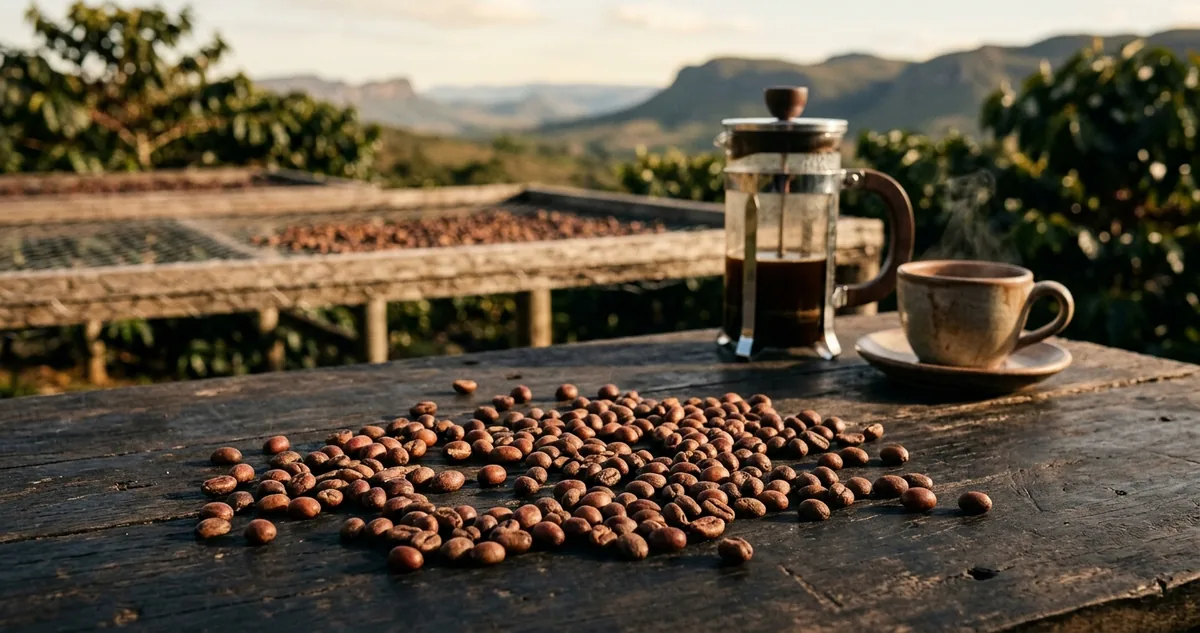 Cerejas maduras de Catuaí Vermelho em cacho numa lavoura de Piatã, terreiro suspenso de tela ao fundo secando grãos, prensa francesa com café escuro, banana-passa e chocolate ao leite sobre mesa de madeira