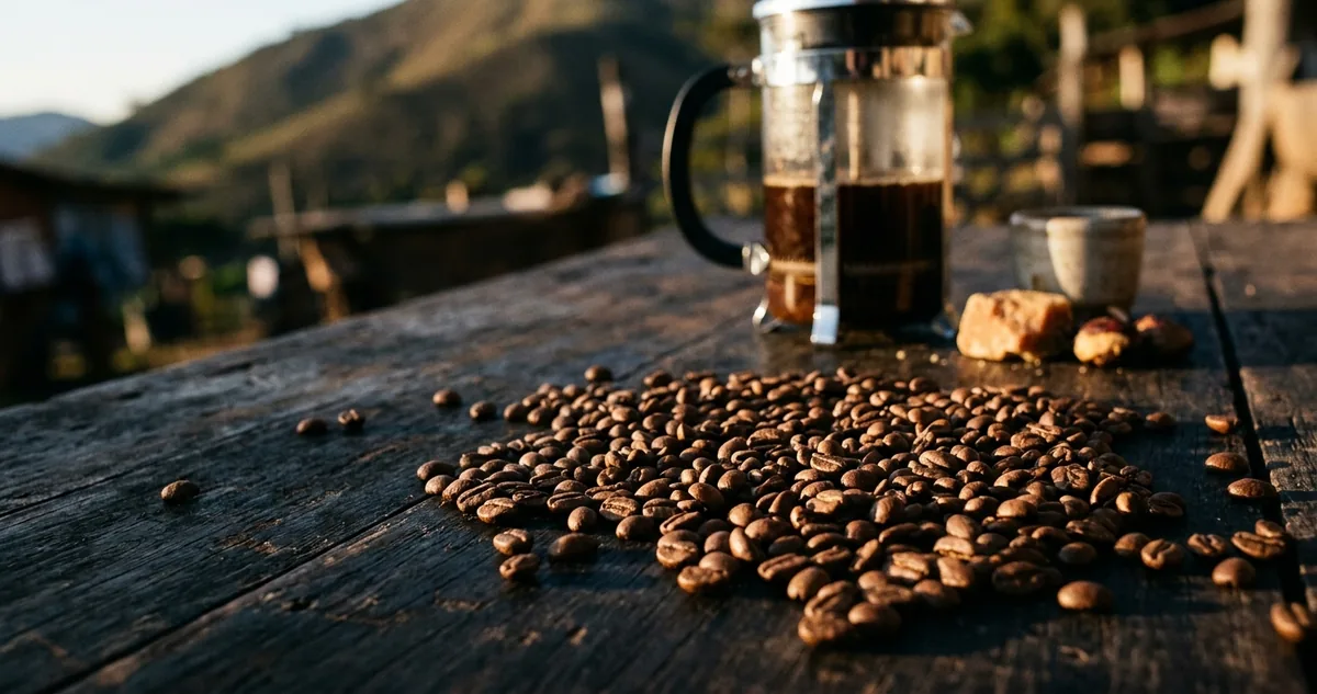 Cerejas vermelhas do varietal baixo Caturra amontoadas perto do tronco num pé compacto numa encosta íngreme da Serra da Mantiqueira, prensa francesa com café escuro, rapadura e castanhas sobre mesa de madeira