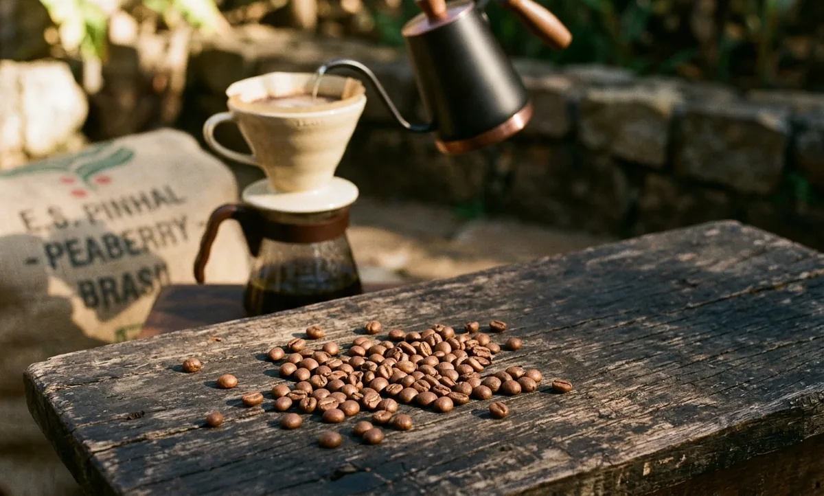 Grãos moca redondos e lisos amontoados ao lado de grãos chatos comuns pra comparar, saindo de um saco de estopa sobre mesa de madeira numa fazenda velha de Espírito Santo do Pinhal, coador de papel pingando café escuro, quadrado de chocolate ao leite e caramelo ao lado