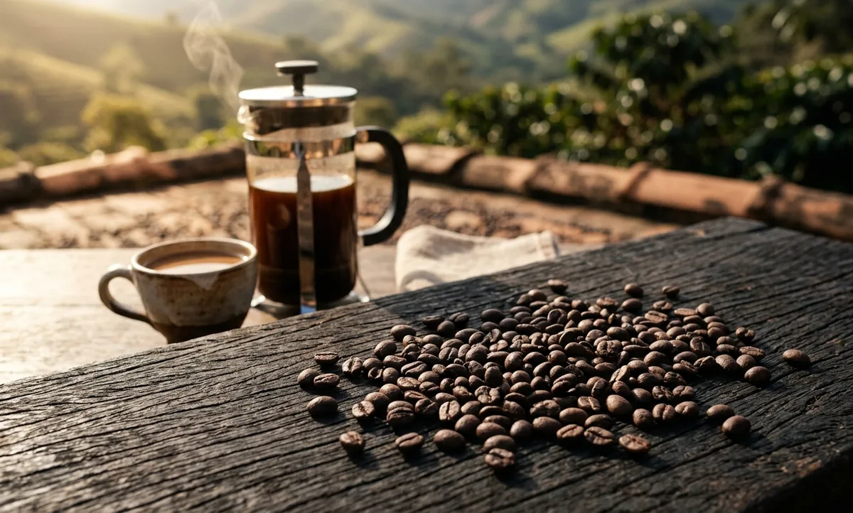 Grãos de Mundo Novo torrados saindo de um saco de estopa sobre mesa de madeira numa fazenda pequena da Serra Fluminense, prensa francesa de vidro com café escuro e caneca de ágata ao lado, pedaço de rapadura e amendoins torrados junto aos grãos, cafezal replantado na encosta e casarão colonial ao fundo