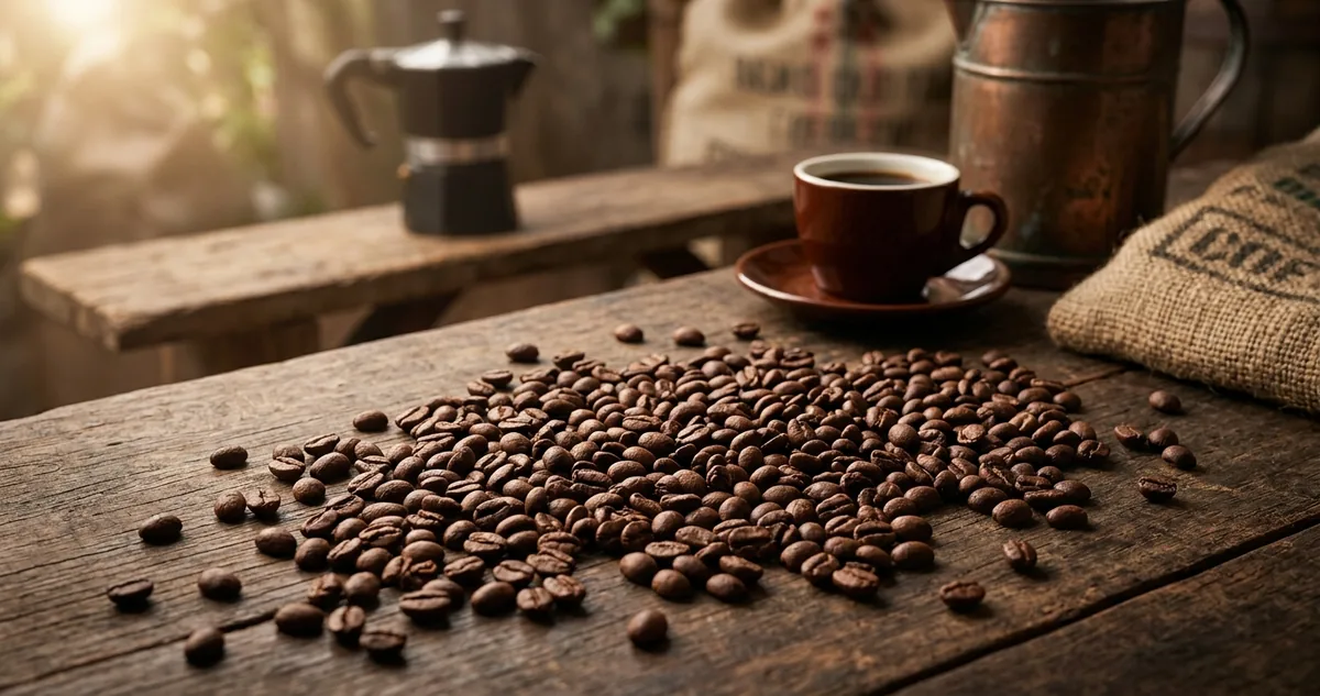 Grãos de Tupi secados em cereja saindo de um saco de estopa sobre mesa de madeira numa fazenda do cerrado do oeste baiano, cafeteira Moka de alumínio com café escuro e caneca de ágata ao lado, quadrado de chocolate meio amargo, melado e castanhas-de-caju junto aos grãos, cafezal plano e braço de pivô central ao fundo