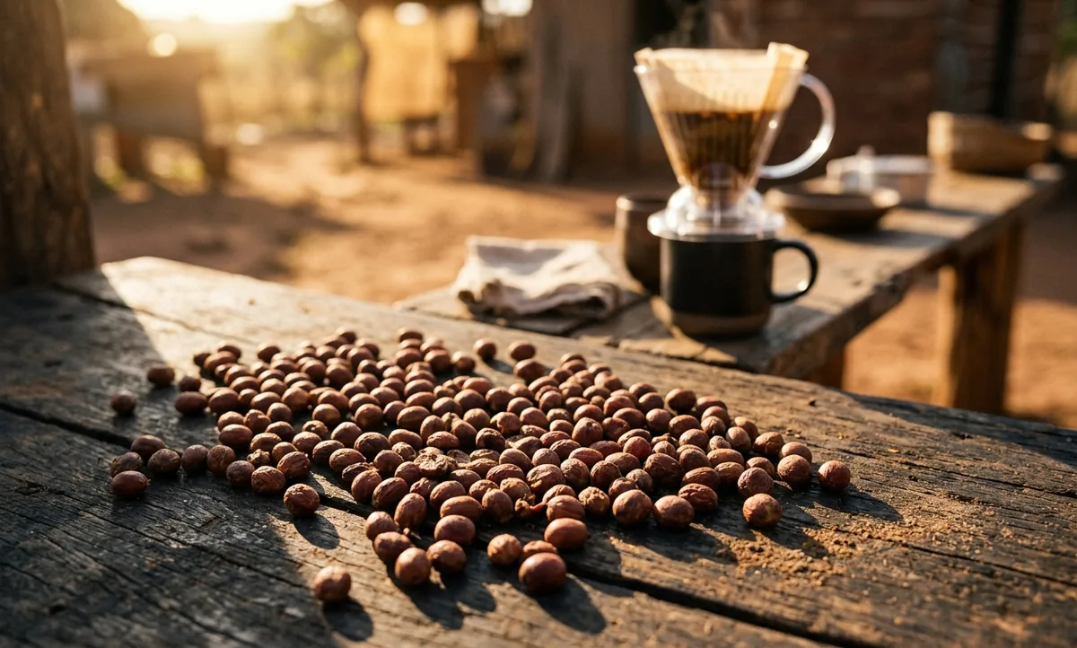 Grãos de Acauã secados em cereja saindo de um saco de estopa sobre mesa de madeira numa fazenda do cerrado do oeste baiano, coador Clever de imersão com filtro de papel apoiado numa caneca de vidro, quadrado de chocolate ao leite, amendoim torrado e melado junto aos grãos, terreiro de concreto coberto de cereja sob sol forte ao fundo