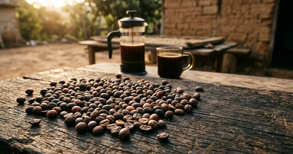 Grãos de híbrido de Timor secados em cereja saindo de um saco de estopa sobre mesa de madeira numa fazenda de família na Serra do Brigadeiro, prensa francesa de vidro com êmbolo de aço em primeiro plano, quadrado de chocolate meio amargo, amendoim torrado e melado junto aos grãos, montanhas de mata e terreiro de concreto coberto de cereja sob neblina de manhã ao fundo