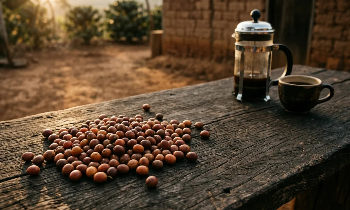 Grãos de café Sabiá 398 de processo natural saindo de um saco de estopa sobre mesa de madeira na varanda de um pequeno sítio de família nos morros do Campo das Vertentes em Minas Gerais, prensa francesa de vidro com êmbolo de aço em primeiro plano, quadrado de chocolate ao leite, amendoim torrado e caramelo junto aos grãos, cerejas de café secando ao sol em terreiro suspenso e a serra ao fundo sob luz suave da manhã