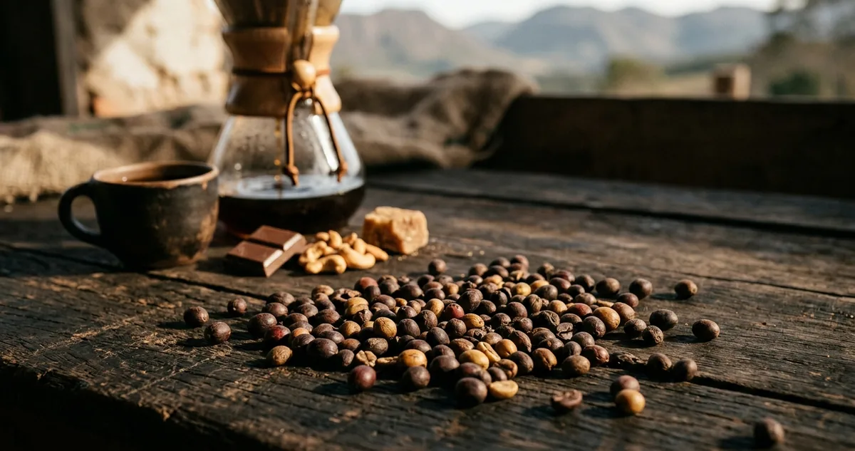 Grãos de café Pau-Brasil MG1 de processo natural saindo de um saco de estopa sobre mesa de madeira na varanda de um sítio de família nos morros da Serra da Canastra em Minas Gerais, Chemex de vidro com filtro de papel em primeiro plano, quadrado de chocolate ao leite, castanhas-de-caju e um pedaço de rapadura junto aos grãos, cerejas de café secando ao sol no terreiro e a serra ao fundo sob luz suave da manhã