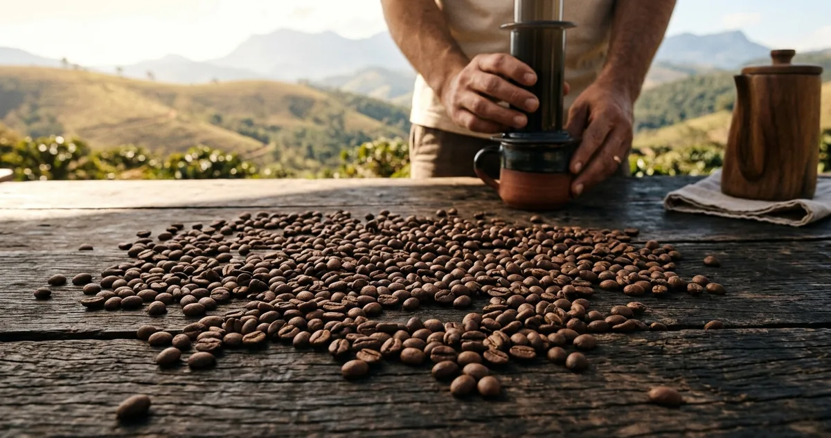 Grãos de café MGS Ametista de processo natural saindo de um saco de estopa sobre mesa de madeira na varanda de um sítio de família nos morros de Manhuaçu na Zona da Mata mineira, AeroPress com êmbolo e filtro de papel em primeiro plano, pedaço de caramelo, nozes e um pote de mel junto aos grãos, cerejas de café secando ao sol no terreiro e o mar de morros na neblina ao fundo