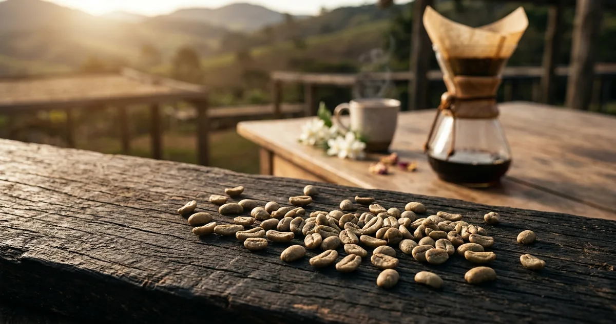 Grãos de café Java alongados e estreitos saindo de um saco de linho sobre mesa de madeira na varanda de uma lavoura de altitude da Serra da Mantiqueira em Minas Gerais, Chemex de vidro com colar de madeira e tira de couro em primeiro plano, ramo de jasmim, pêssego partido e um pote de mel junto aos grãos, terreiros suspensos de tela com cerejas vermelhas secando ao fundo e as montanhas na neblina da manhã