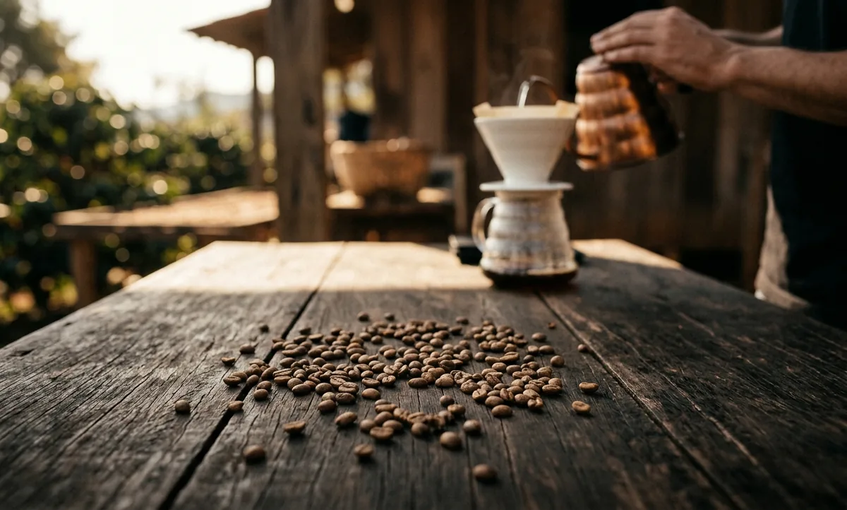 Grãos de café Wush Wush saindo de um saco de linho sobre mesa de madeira na varanda de uma lavoura pequena da Serra da Mantiqueira em Minas Gerais, coador Origami de cerâmica branca com costelas verticais sobre suporte de madeira em primeiro plano, ramo de jasmim, maracujá partido e um copo de chá preto junto aos grãos, terreiros suspensos de tela com cerejas inteiras secando ao fundo e as montanhas na neblina da manhã
