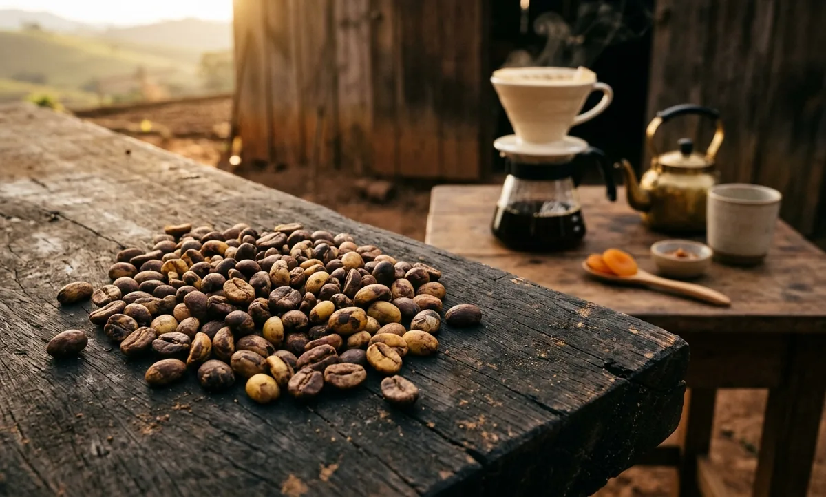 Grãos de café Catuaí Amarelo saindo de um saco de linho sobre mesa de madeira na varanda de uma lavoura de Caconde, no lado paulista da Serra da Mantiqueira, coador Kalita Wave de cerâmica branca com filtro ondulado sobre a jarra de vidro em primeiro plano, bandeja de arroz inoculado com koji, damasco seco e um prato de mel junto aos grãos, tanque de fermentação fechado e terreiros suspensos de tela com cerejas amarelas secando ao fundo e as montanhas na neblina da manhã