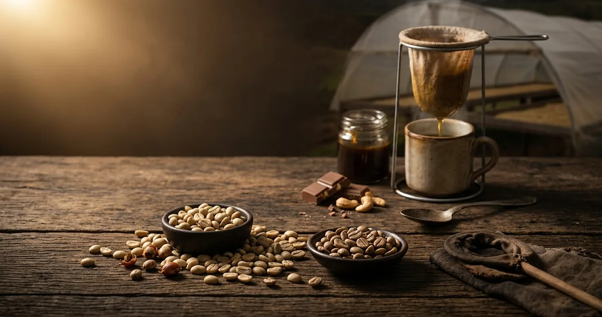 Grãos de café IAPAR 59 saindo de um saco de algodão sobre mesa de madeira na varanda de uma propriedade familiar do Norte Pioneiro do Paraná, coador de pano de flanela em aro de madeira sobre a jarra de vidro em primeiro plano, um prato de melado de cana, castanhas-de-caju torradas e um pedaço de chocolate ao leite junto aos grãos, estufa de plástico com terreiro de cimento e rodo de madeira ao fundo e os morros de café na neblina fina da manhã