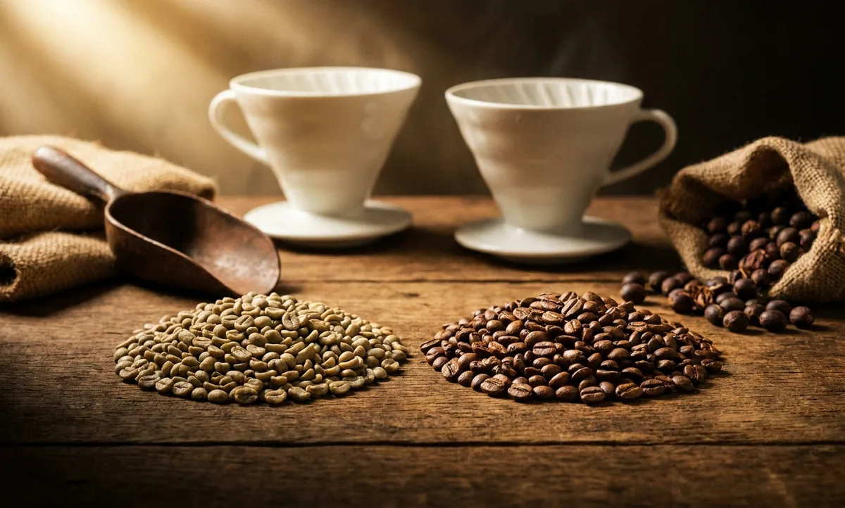 Dois pacotes de café em papel kraft abertos lado a lado sobre mesa de madeira na varanda de uma propriedade de café do Sul de Minas, um com grãos de torra média brilhantes caindo da boca e o outro com grãos opacos e apagados, coador de cerâmica com filtro de papel sobre a jarra de vidro entre duas canecas de café coado, o bloom inchado visível dentro do coador, balança e chaleira de bico fino ao lado, e as ruas de café nos morros sob a neblina fina da manhã