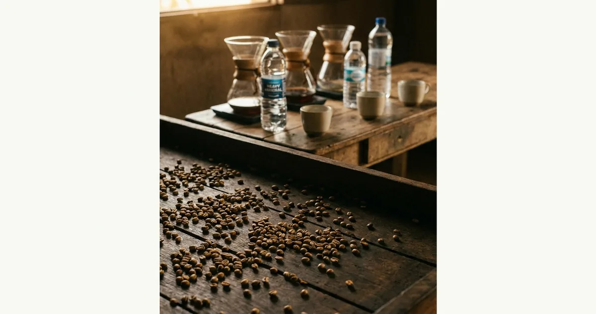 Três garrafas de água de vidro enfileiradas sobre mesa de madeira na varanda de uma propriedade de café do Sul de Minas, três coadores de cerâmica idênticos com filtro de papel sobre jarras de vidro, três canecas de café coado lado a lado em tons ligeiramente diferentes, um pacote kraft aberto de grãos amarelos de torra média com válvula, balança e chaleira de bico fino com crosta branca no fundo, e as ruas de café nos morros sob a neblina fina da manhã