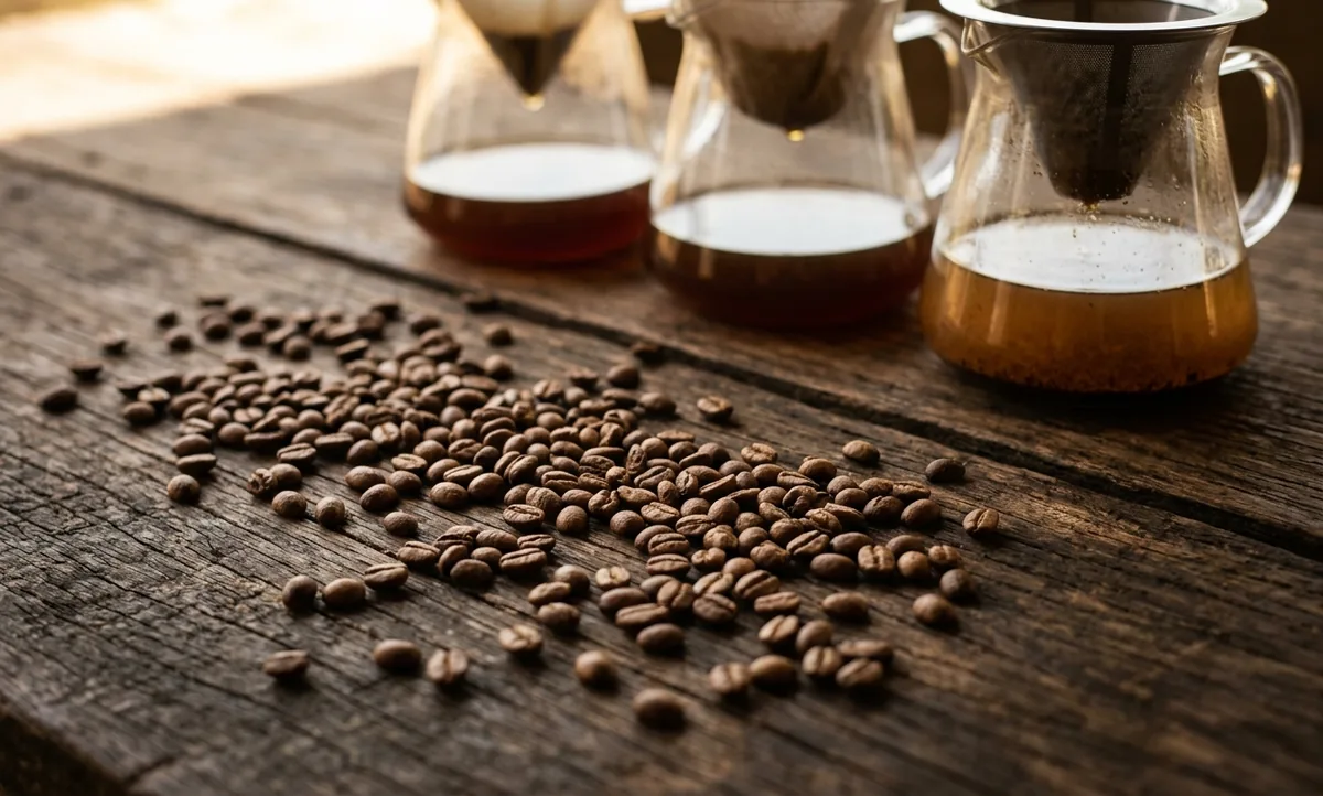 Três coadores de cerâmica idênticos enfileirados sobre mesa de madeira na varanda de uma propriedade de café do Cerrado Mineiro, o primeiro com filtro de papel branco, o segundo com flanela de pano manchada de café e o terceiro com tela de metal vazada, três jarras de vidro embaixo com líquidos de transparências diferentes, três canecas lado a lado e um brilho de óleo na mais escura, um pacote kraft aberto de grãos naturais de torra média com válvula, balança e chaleira de bico fino, e as ruas de café na terra vermelha sob a neblina fina da manhã