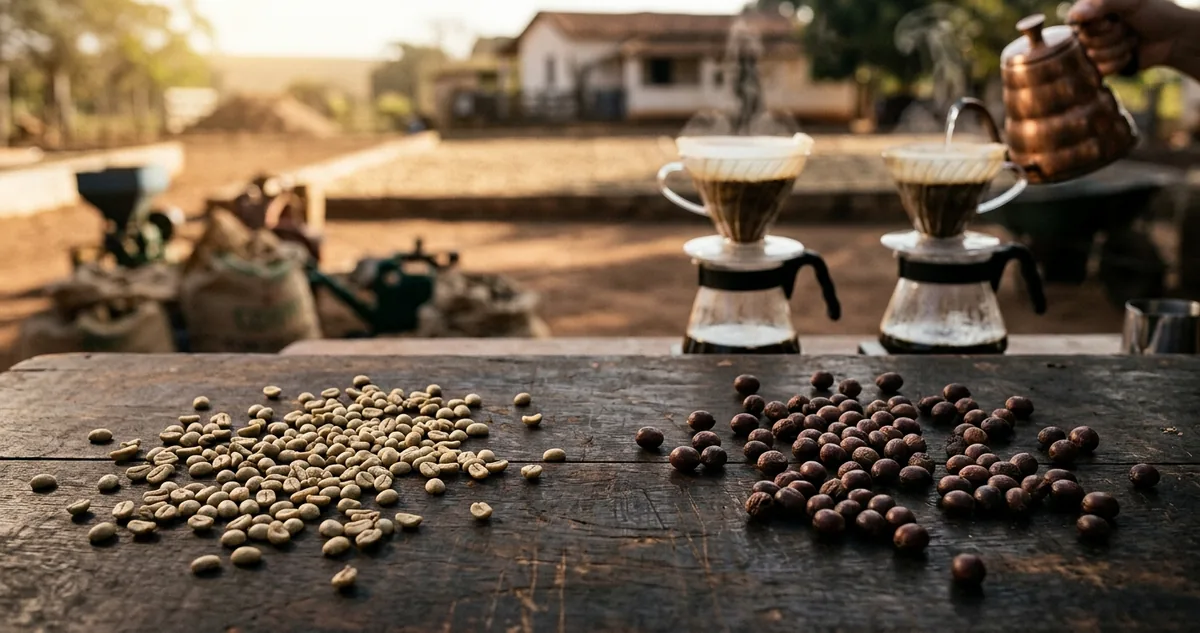 Dois coadores cônicos iguais lado a lado sobre duas jarras de vidro numa mesa de madeira gasta em fazenda de chapadão no Cerrado Mineiro, com uma chaleira de bico fino e uma balança digital entre eles, duas tigelas rasas à frente, a da esquerda com grãos de pergaminho lavado claro e a da direita com cerejas inteiras secas e enrugadas, dois pacotes kraft de 250g meio abertos, duas xícaras brancas de porcelana com café de tons diferentes e, ao fundo, um terreiro suspenso dividido ao meio com café lavado de um lado e cereja inteira do outro, as fileiras baixas de café indo até o horizonte seco