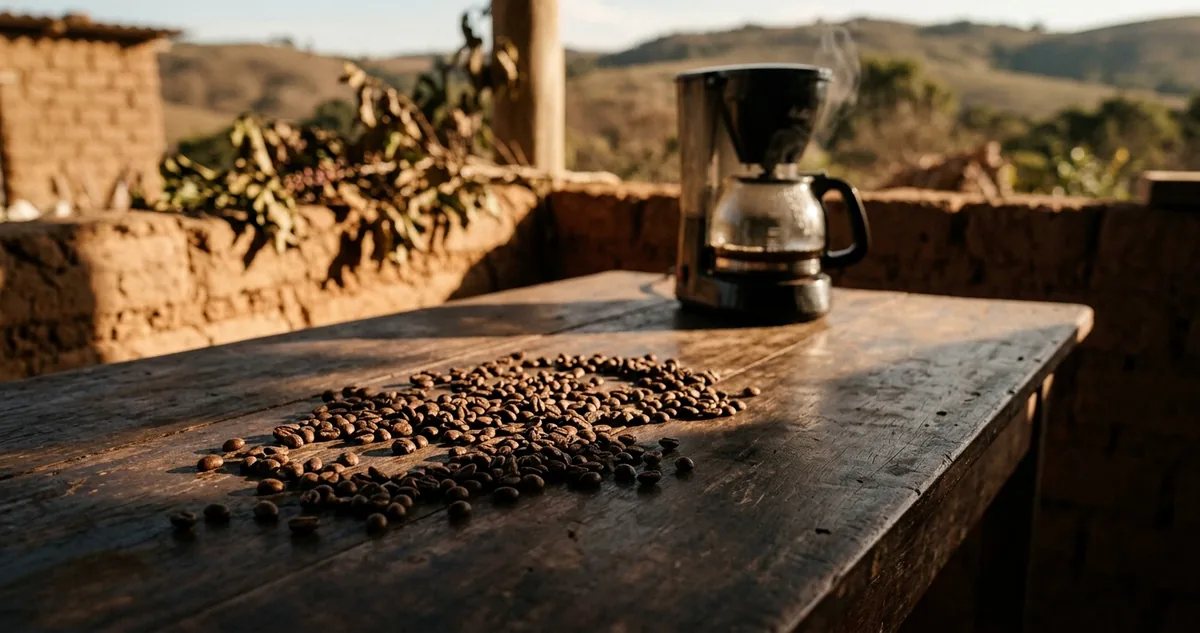 Cafeteira elétrica de filtro branca com jarra de vidro sobre uma mesa de madeira gasta em sítio familiar do cerrado do Distrito Federal, com cesto de papel de fundo reto aberto ao lado cheio de café moído, tigela rasa de frutos vermelho escuro quase cor de vinho, castanhas-de-caju cruas, um quadrado de chocolate ao leite partido, potinho de melado com colher de madeira, xícara branca de porcelana com café escuro, pacote kraft de 250g com etiqueta escrita à mão e, ao fundo, um terreiro de cimento com o fruto inteiro secando em camada fina e um rodo de madeira encostado, com fileiras de cafeeiros baixos de copa compacta no solo vermelho e o horizonte aberto do cerrado