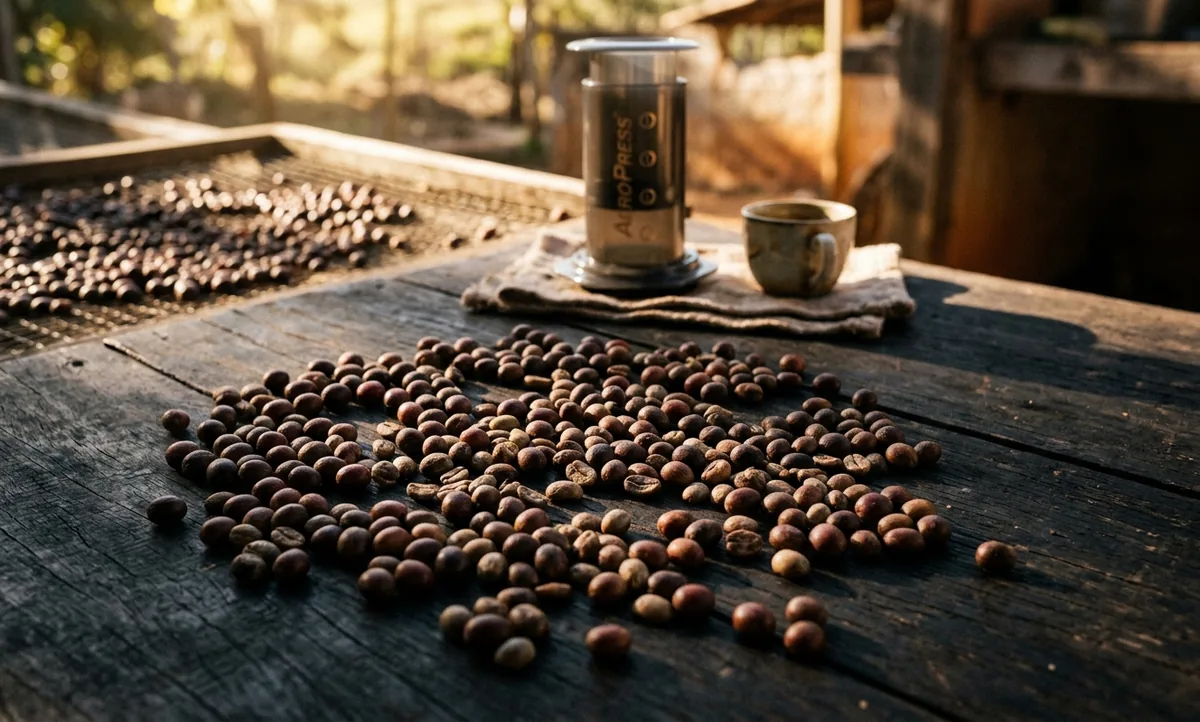 AeroPress montada sobre uma mesa de madeira gasta na varanda de um sítio familiar nas montanhas de Caratinga, no leste de Minas Gerais, com a tampa de filtro de papel encostada ao lado, uma bandeja rasa de madeira em primeiro plano com camada fina de grãos recém-torrados escuros e alguns grãos pálidos separados num montinho, tigela rasa de frutos vermelho fechado, castanhas-de-caju cruas, um quadrado de chocolate ao leite partido, potinho de melado com colher de madeira, xícara branca de porcelana com café escuro, pacote kraft de 250g com etiqueta escrita à mão e, ao fundo, um terreiro de cimento com o fruto inteiro secando em camada fina, fileiras de cafeeiros altos subindo a encosta de solo vermelho e montanhas verdes com neblina no horizonte