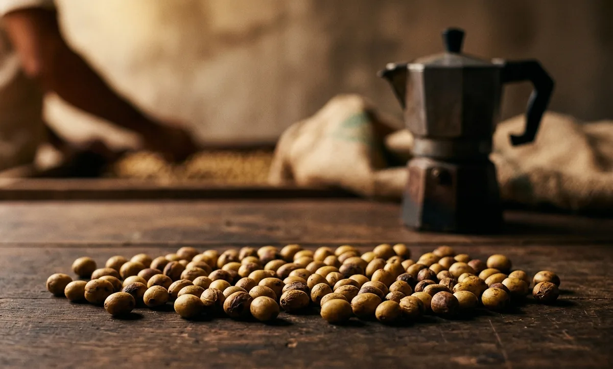 Bule de Moka de alumínio de três peças com a câmara de cima aberta sobre uma mesa de madeira gasta em sítio familiar de Garça, no oeste paulista, com tigela rasa de frutos de café amarelos maduros, um punhado de amêndoas torradas, um quadrado de chocolate meio amargo partido, um pedaço de rapadura sobre tábua de madeira, xícara pequena e grossa com café concentrado, pacote kraft de 250g com etiqueta escrita à mão e, ao fundo, um terreiro de cimento com o fruto amarelo inteiro secando em camada fina e um rodo de madeira encostado, com fileiras de cafeeiros de copa fechada no solo vermelho e o horizonte baixo do espigão com neblina no vale