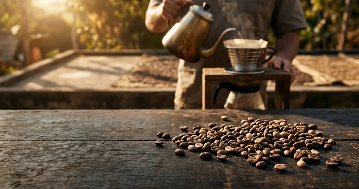 Coador Kalita Wave de fundo plano em aço com filtro de papel ondulado sobre jarra de vidro grossa em mesa de madeira gasta num sítio de Carmo da Cachoeira, no Sul de Minas, com balança de mola pendurada segurando um balde de cereja vermelha recém-colhida, fita vermelha amarrada no tronco de um cafeeiro logo atrás, caderno aberto com colunas de números e um lápis, tigela rasa de grãos verdes, um quadrado de chocolate ao leite partido, um pedaço de caramelo e uma ameixa escura cortada ao meio sobre tábua de madeira, caneca grossa de café preto, pacote kraft de 250g com etiqueta escrita à mão e, ao fundo, a lavoura subindo a encosta no solo vermelho, o terreiro de cimento com o fruto secando em camada fina e a neblina no vale