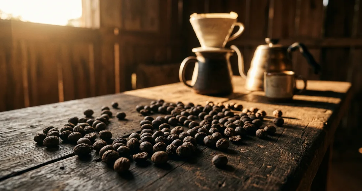 Coador Kalita Wave de fundo plano em aço com filtro de papel ondulado sobre jarra de vidro grossa em mesa de madeira gasta num sítio do Alto Paranaíba, no Cerrado Mineiro, com uma bandeja rasa cheia de cereja enrugada e escura ao lado de um punhado de cereja vermelha cheia para comparação, pano estendido sob um cafeeiro baixo logo atrás com frutos murchos ainda pendurados no galho, tigela rasa de grãos verdes, um figo seco partido, uma ameixa escura e um pedaço de cacau amargo sobre tábua de madeira, caneca grossa de café preto, pacote kraft de 250g com etiqueta escrita à mão e, ao fundo, a lavoura plana no solo vermelho do cerrado, o terreiro de cimento com o fruto secando em camada fina e o rodo de madeira apoiado
