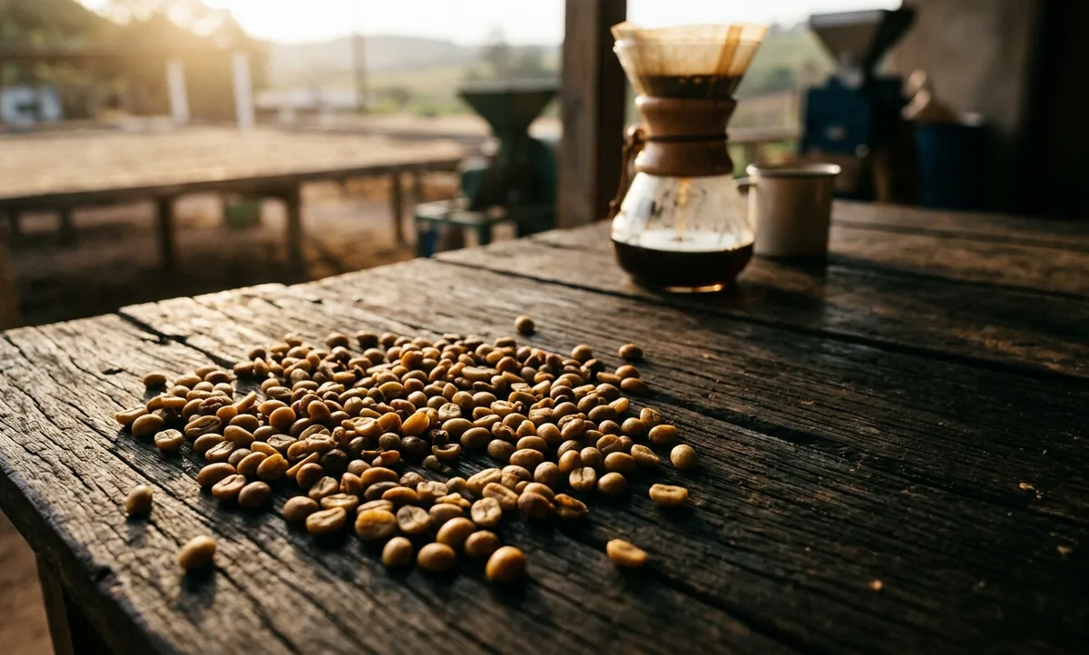 Chemex de vidro em formato de ampulheta com colar de madeira e tira de couro, com filtro de papel grosso dobrado no cone e café escuro no bojo de baixo, sobre mesa de madeira gasta na varanda de um sítio familiar em Guaxupé, no Sul de Minas, com oito xícaras brancas iguais cheias até a borda e uma colher pesada atravessada numa delas, bandeja rasa cheia de cereja amarela madura ao lado de um punhado de grãos verdes, um pedaço de caramelo partido, castanhas-de-caju cruas e um potinho de mel com colher de madeira, pacote kraft de 250g com etiqueta escrita à mão, uma ficha de prova com lápis na mesa e, ao fundo, os morros de café, o terreiro de cimento com o fruto amarelo inteiro secando em camada fina e a neblina sobre o vale