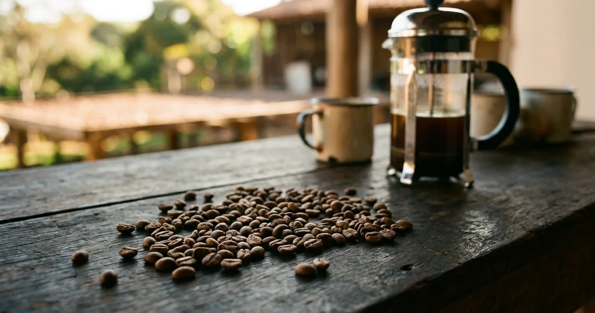 Prensa francesa cilíndrica de vidro com armação e êmbolo de aço, cheia até a metade de café escuro com uma crosta grossa de pó boiando, sobre mesa de madeira gasta num sítio familiar em Divisa Nova, no Sul de Minas, com uma colher de madeira pesada ao lado, duas canecas grossas de cerâmica, bandeja rasa cheia de cereja vermelha madura ao lado de um punhado de grãos verdes, uma barra partida de chocolate ao leite, castanhas-de-caju cruas e um bloco escuro de rapadura numa tábua, pacote kraft de 250g com etiqueta escrita à mão, algumas folhas estreitas de café com as galerias claras do bicho-mineiro sobre a mesa e, ao fundo, os morros de café, o terreiro de cimento com o fruto vermelho inteiro secando em camada fina e a neblina sobre o vale