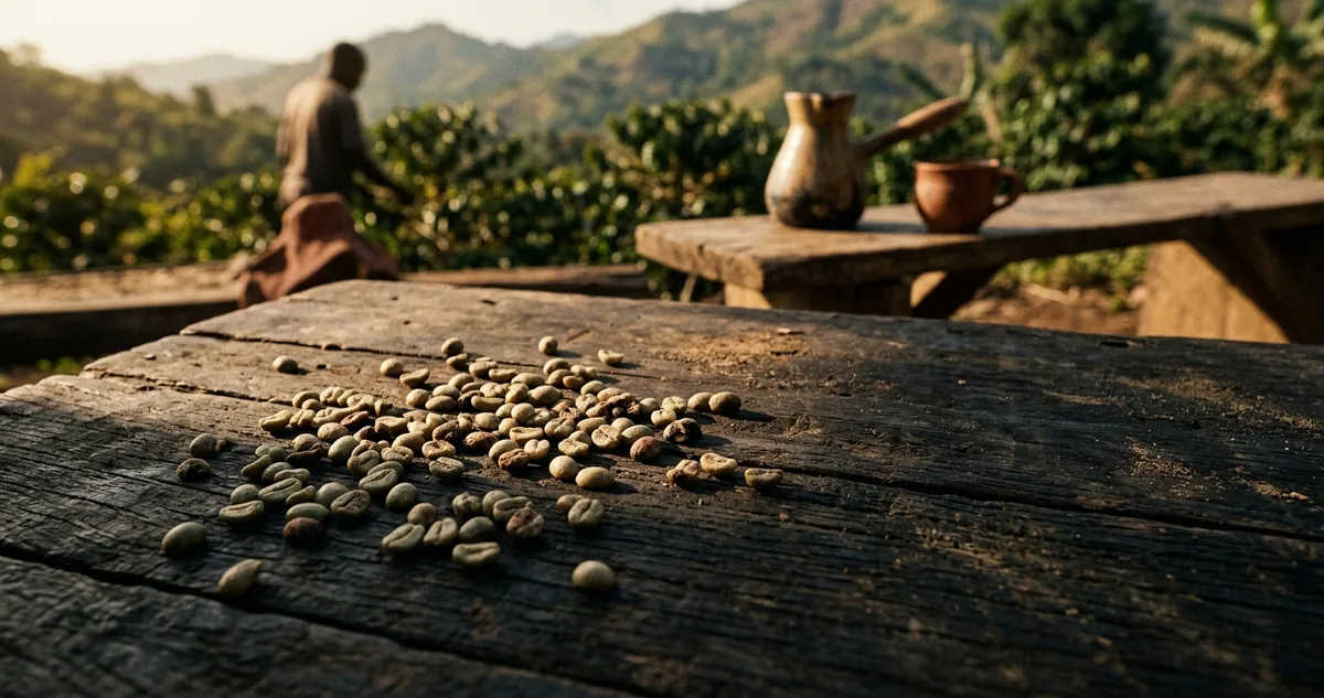 Coador V60 de cerâmica com filtro de papel sobre jarra de vidro numa mesa de madeira gasta na África Ocidental, chaleira de bico fino ao lado, bandeja rasa cheia de cerejas de café pretas e brilhantes ao lado de um punhado menor de cerejas vermelhas comuns para comparação, um ramo de folhas estreitas atravessado na mesa, uma folha de herbário dobrada com um ramo de café prensado e etiqueta escrita à mão, xícara grossa de porcelana com café âmbar translúcido, um pêssego partido ao meio e um ramo de flor de sabugueiro numa tábua, pacote kraft de 250g meio aberto e, ao fundo desfocado, floresta de baixada densa no calor