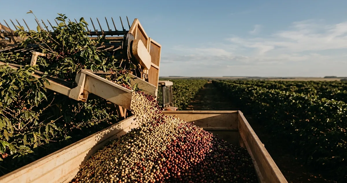 Coador V60 de cerâmica com filtro de papel sobre mesa de madeira gasta na beira de um cafezal plano do cerrado, chaleira de bico fino ao lado, bandeja rasa com cerejas de café em três estágios, verdes, vermelhas maduras e escuras passadas, um punhado de café em pergaminho seco sobre pano de linho, tigela branca de prova com café moído, um pedaço de rapadura e amendoins torrados numa tabuinha, pacote kraft de 250g meio aberto e, ao fundo desfocado, uma colhedora automotriz montada sobre a linha de café em solo vermelho plano na luz da manhã
