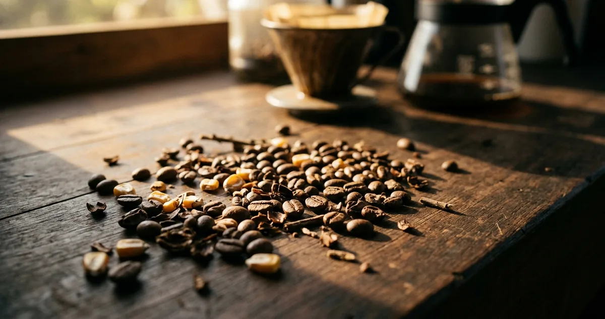 Pacote kraft de 250g de café moído com válvula aberto sobre mesa de madeira gasta, coador de porcelana com filtro de papel sobre jarra de vidro ao lado, placa rasa de laboratório com pó de café escuro junto de uma lupa de latão, cascas secas de café e três grãos de milho torrado separados na madeira como amostras, bandeja pequena com cerejas vermelhas maduras, um pedaço de chocolate ao leite e amendoins torrados numa tabuinha e, ao fundo desfocado, uma lavoura plana de cerrado na luz da manhã