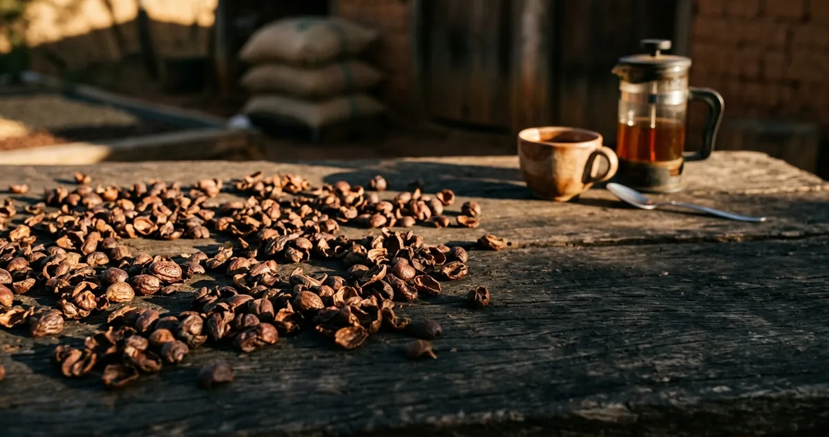 Cesto raso de palha cheio de cascas secas de cereja de café, avermelhadas e quebradiças, sobre mesa de madeira gasta, copo de vidro com infusão âmbar ao lado soltando vapor fino, pires branco com algumas cascas separadas para comparação, chaleira de bico fino de aço inox e termômetro apoiados na madeira, bandeja de aço com grãos verdes de café e, ao fundo desfocado, camas suspensas de secagem numa fazenda de encosta sob a luz da manhã